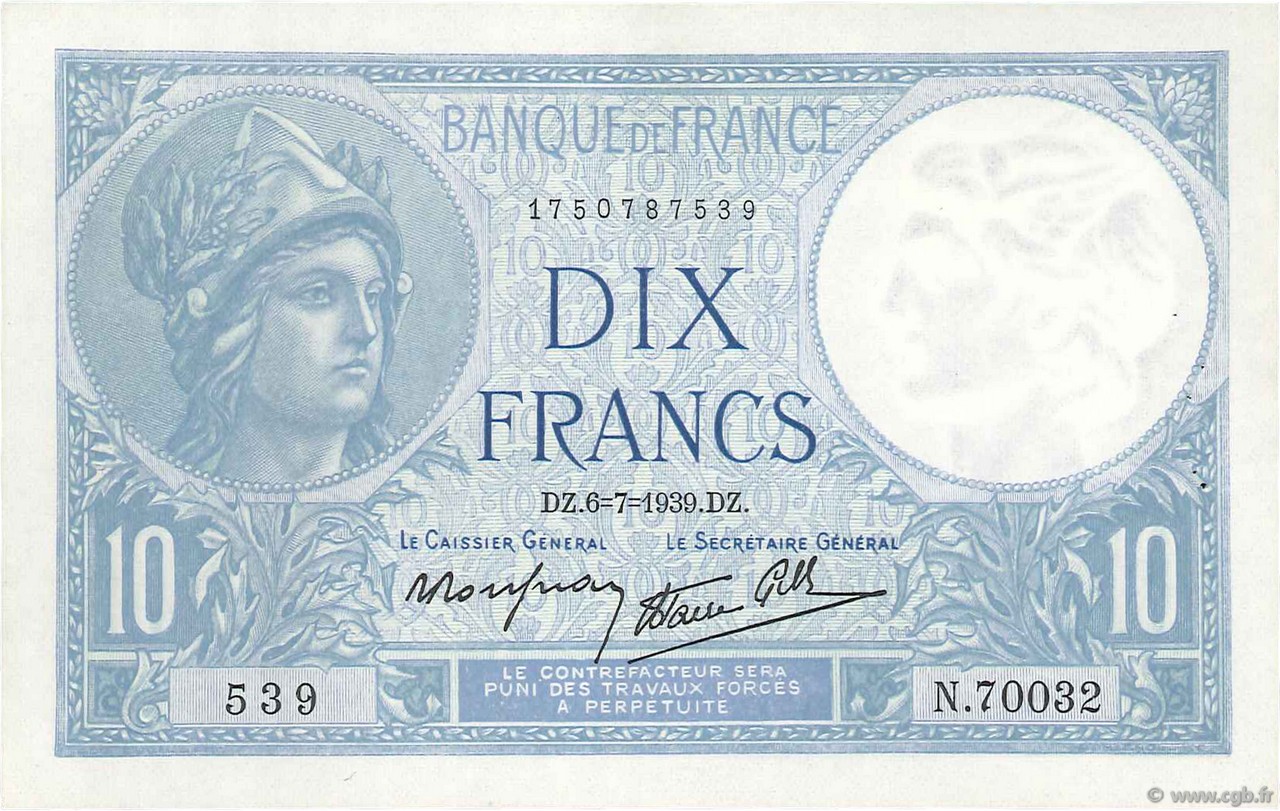 10 Francs MINERVE modifié FRANKREICH  1939 F.07.04 VZ