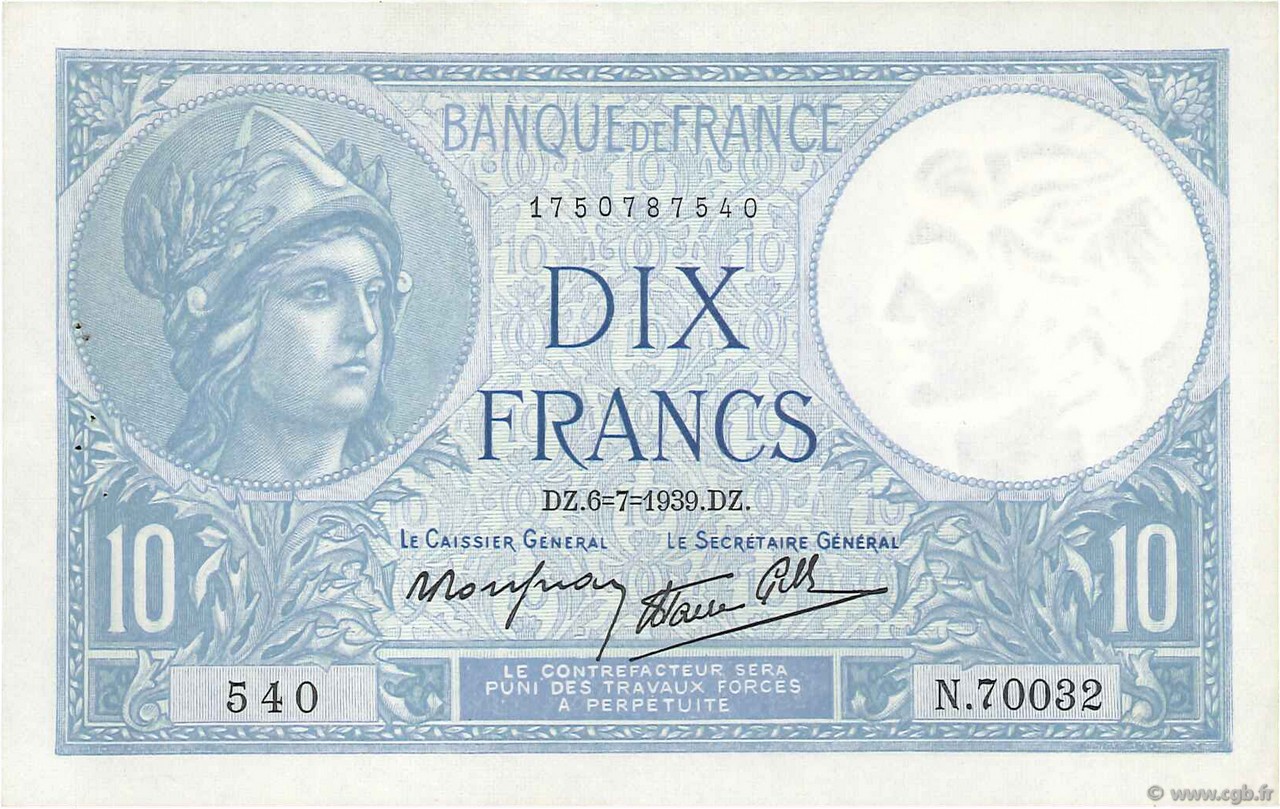 10 Francs MINERVE modifié FRANCIA  1939 F.07.04 EBC