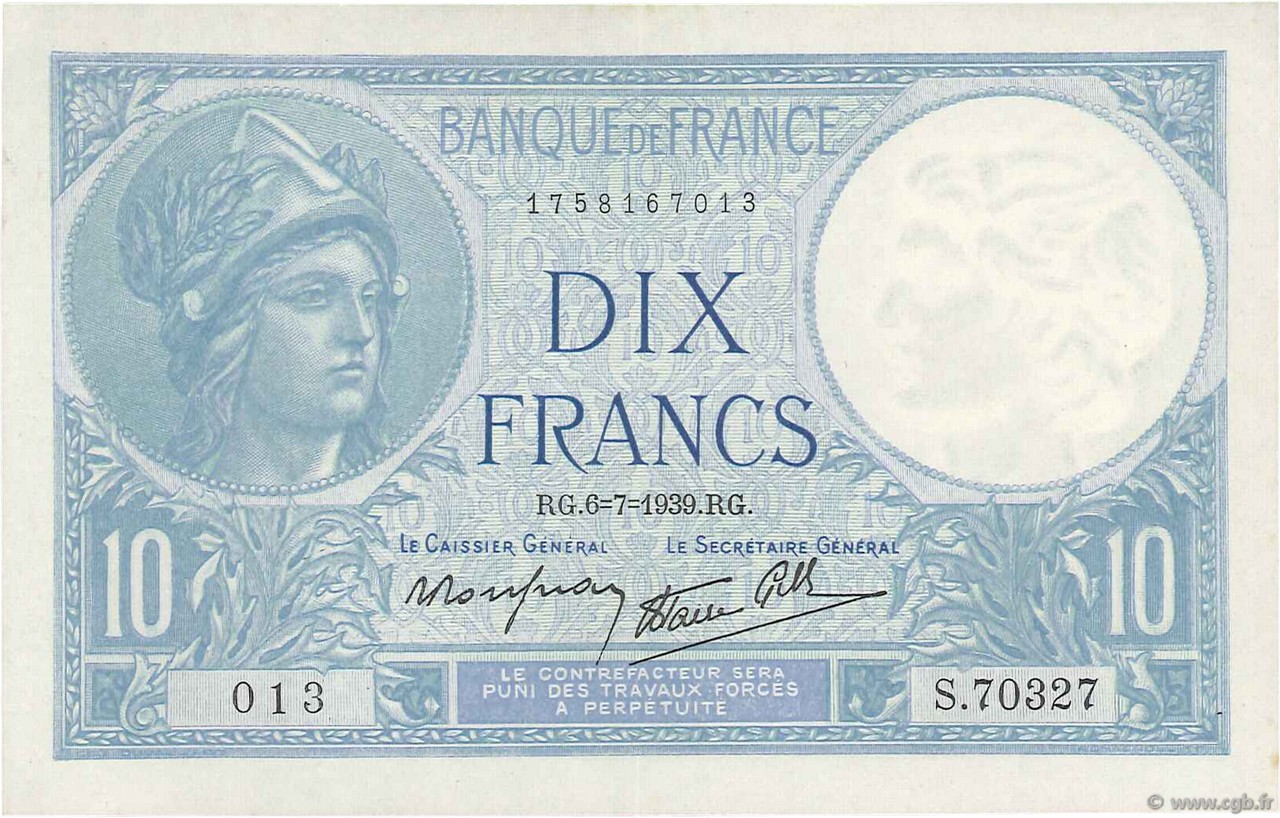 10 Francs MINERVE modifié FRANCIA  1939 F.07.04 MBC+