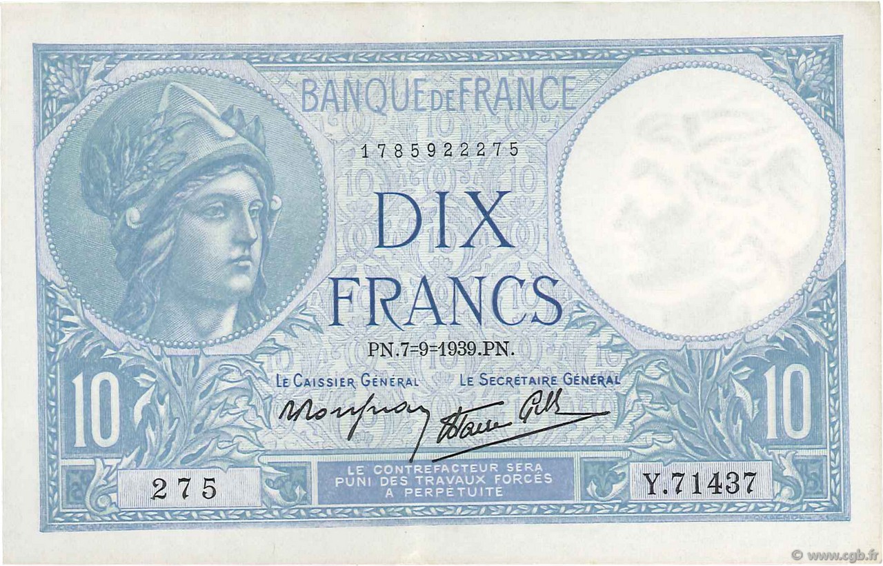 10 Francs MINERVE modifié FRANCE  1939 F.07.06 XF