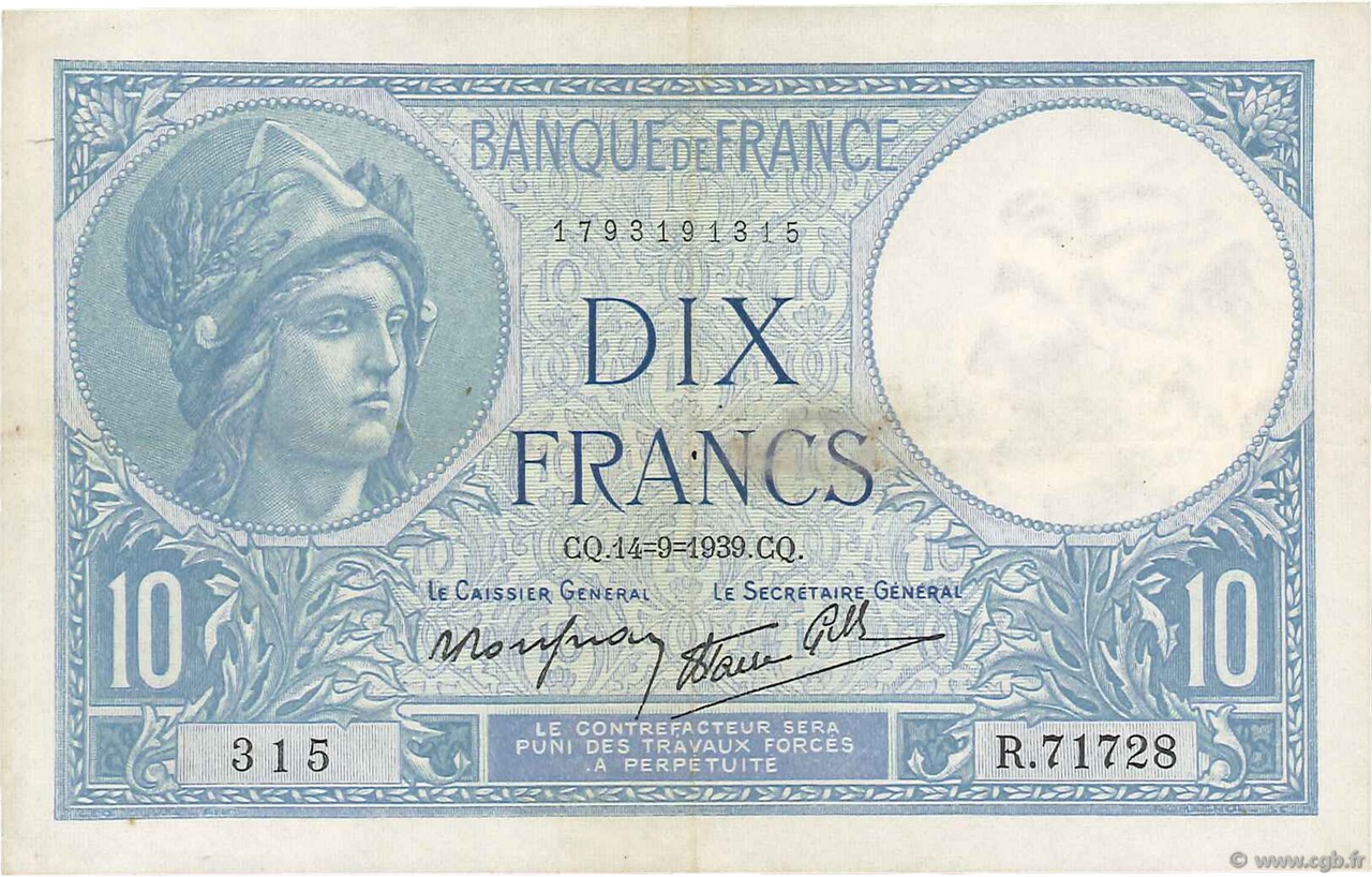 10 Francs MINERVE modifié FRANCE  1939 F.07.07 VF