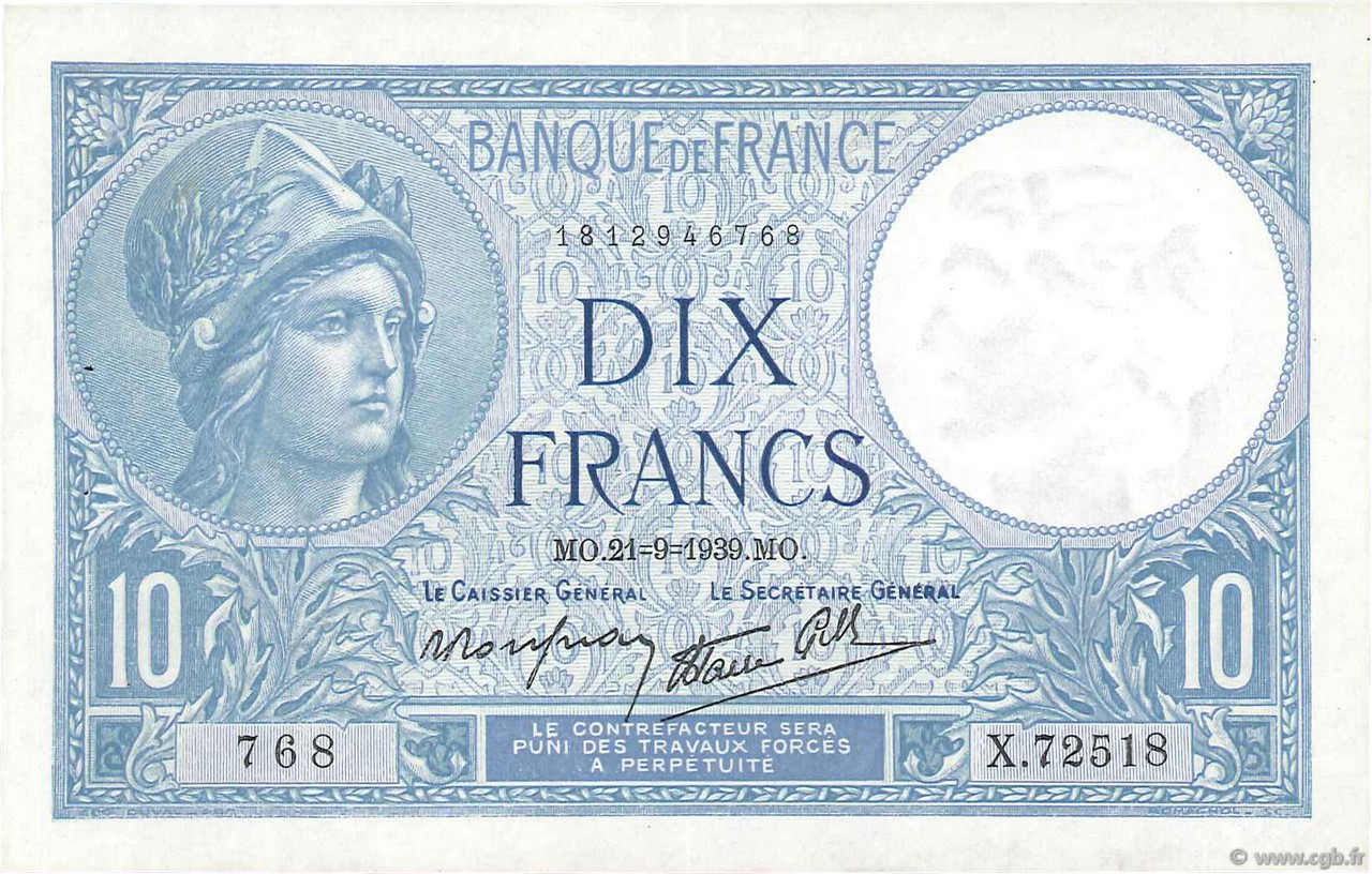 10 Francs MINERVE modifié FRANKREICH  1939 F.07.08 VZ