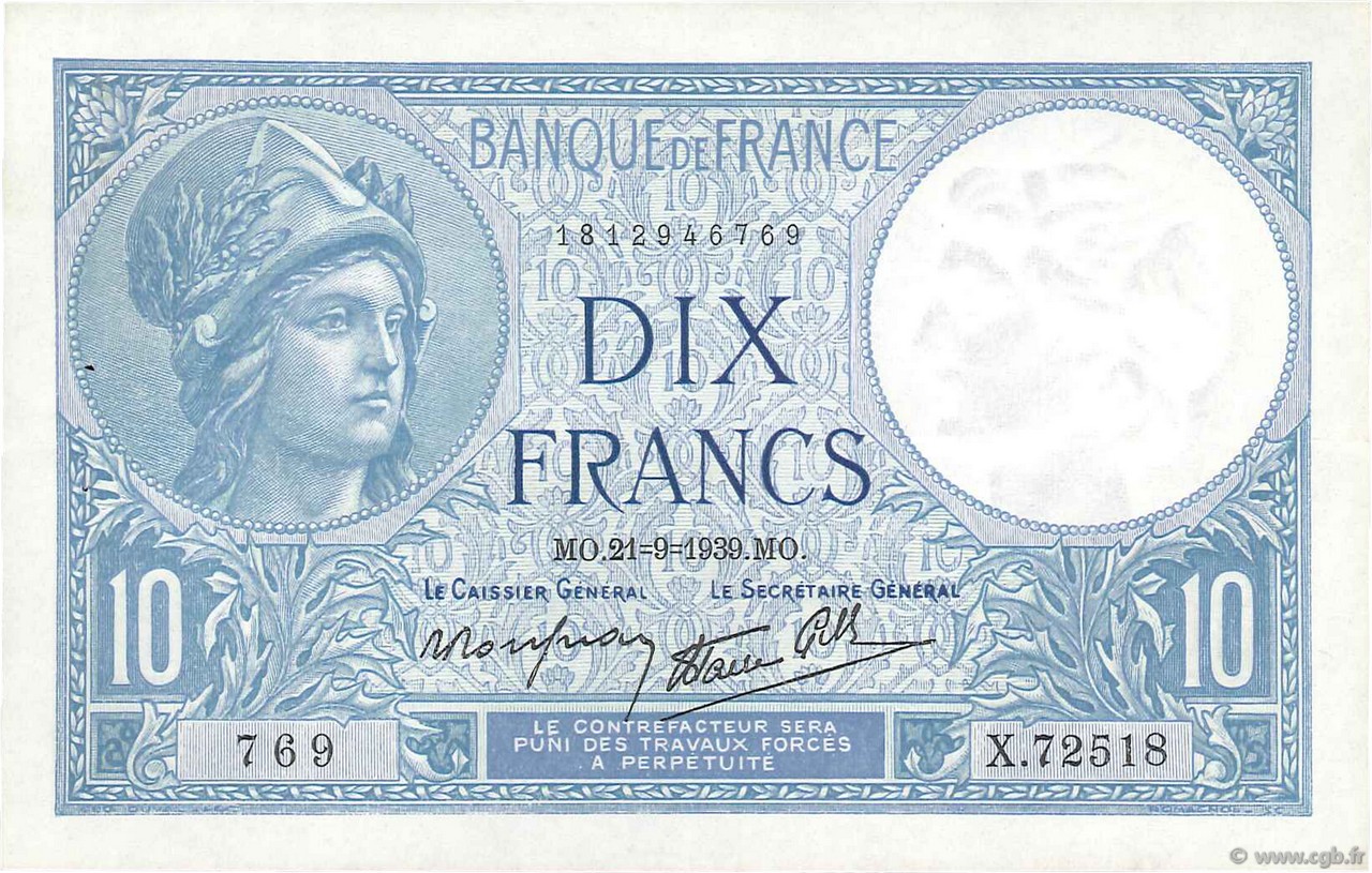 10 Francs MINERVE modifié FRANCE  1939 F.07.08 XF-