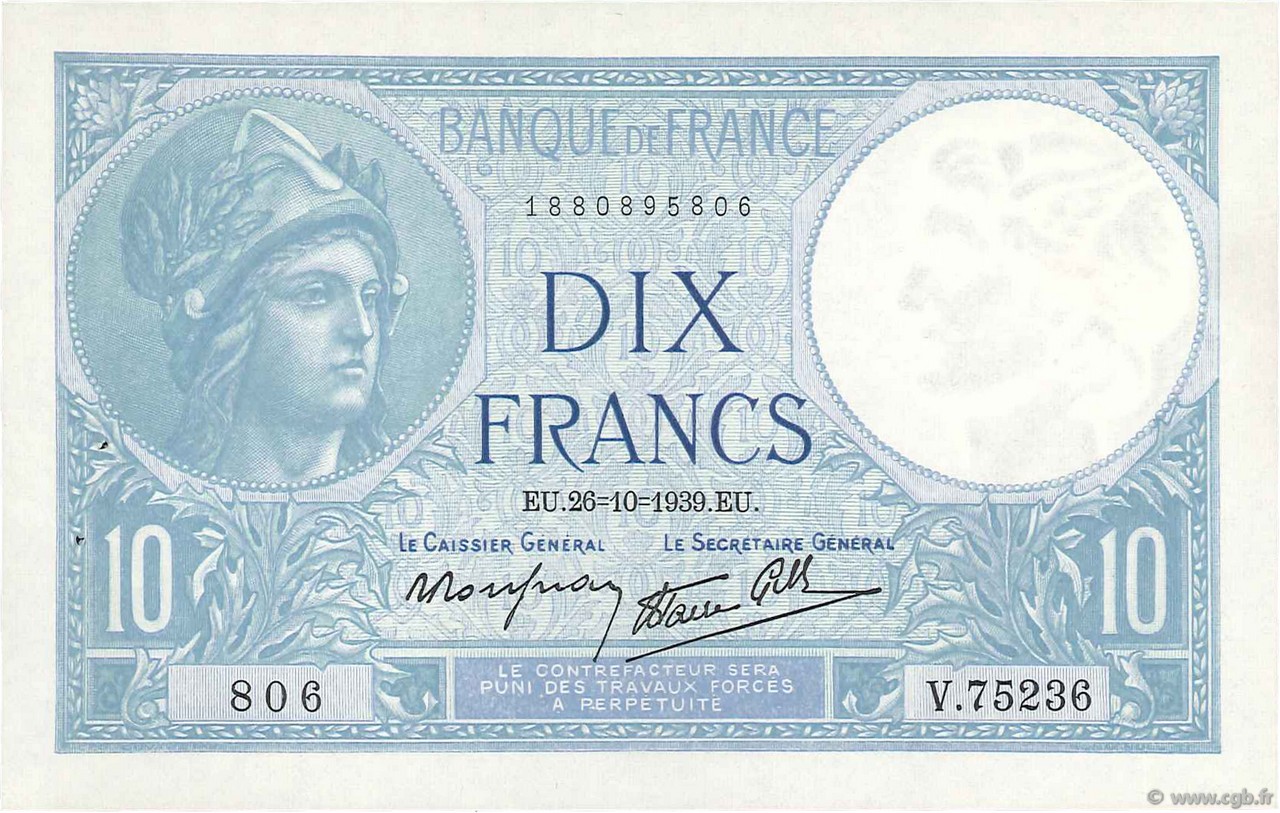 10 Francs MINERVE modifié FRANCE  1939 F.07.13 SPL