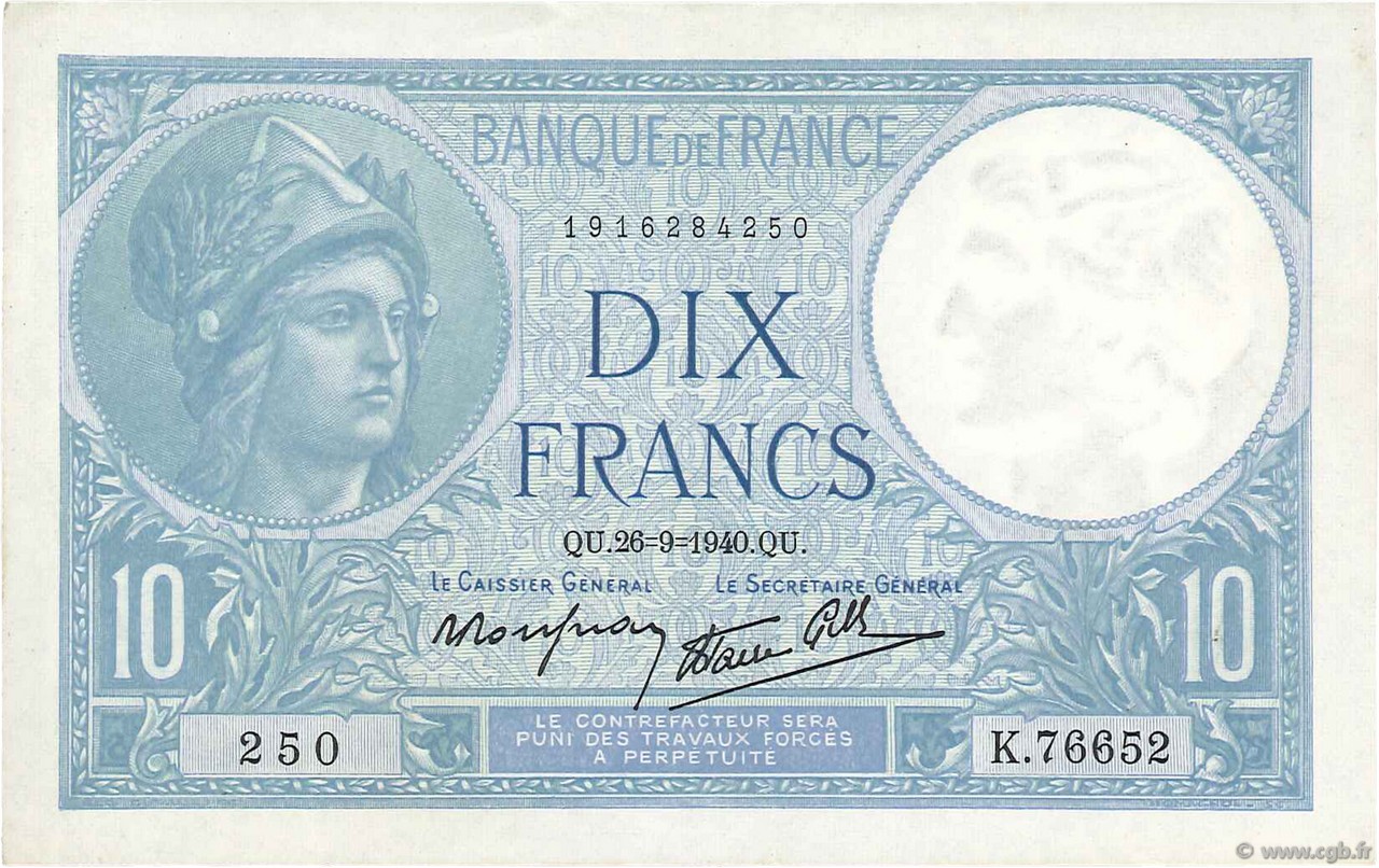 10 Francs MINERVE modifié FRANCE  1940 F.07.15 VF+