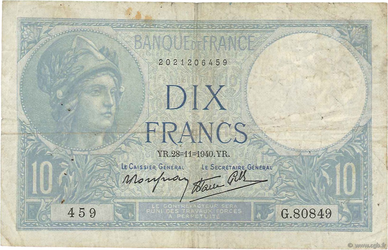 10 Francs MINERVE modifié FRANCE  1940 F.07.22 F