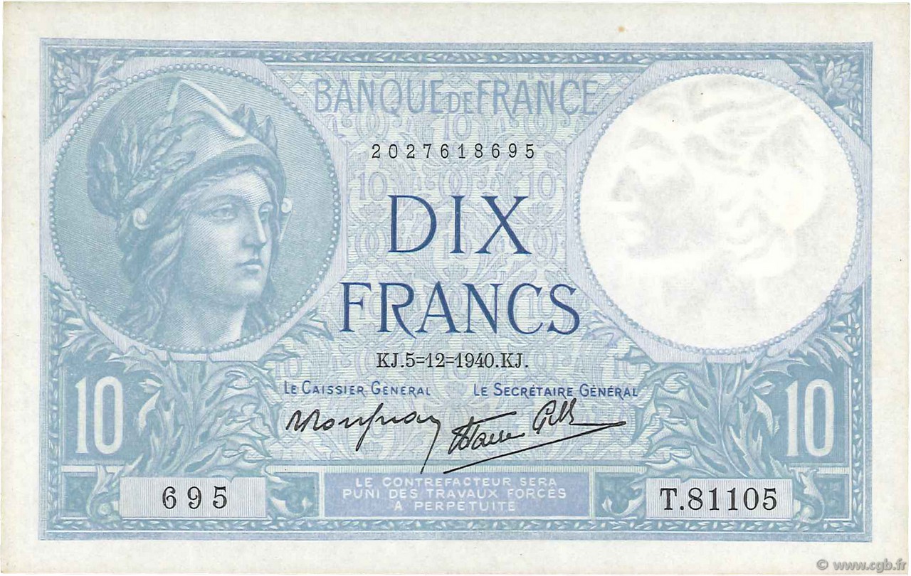 10 Francs MINERVE modifié FRANCE  1940 F.07.23 AU