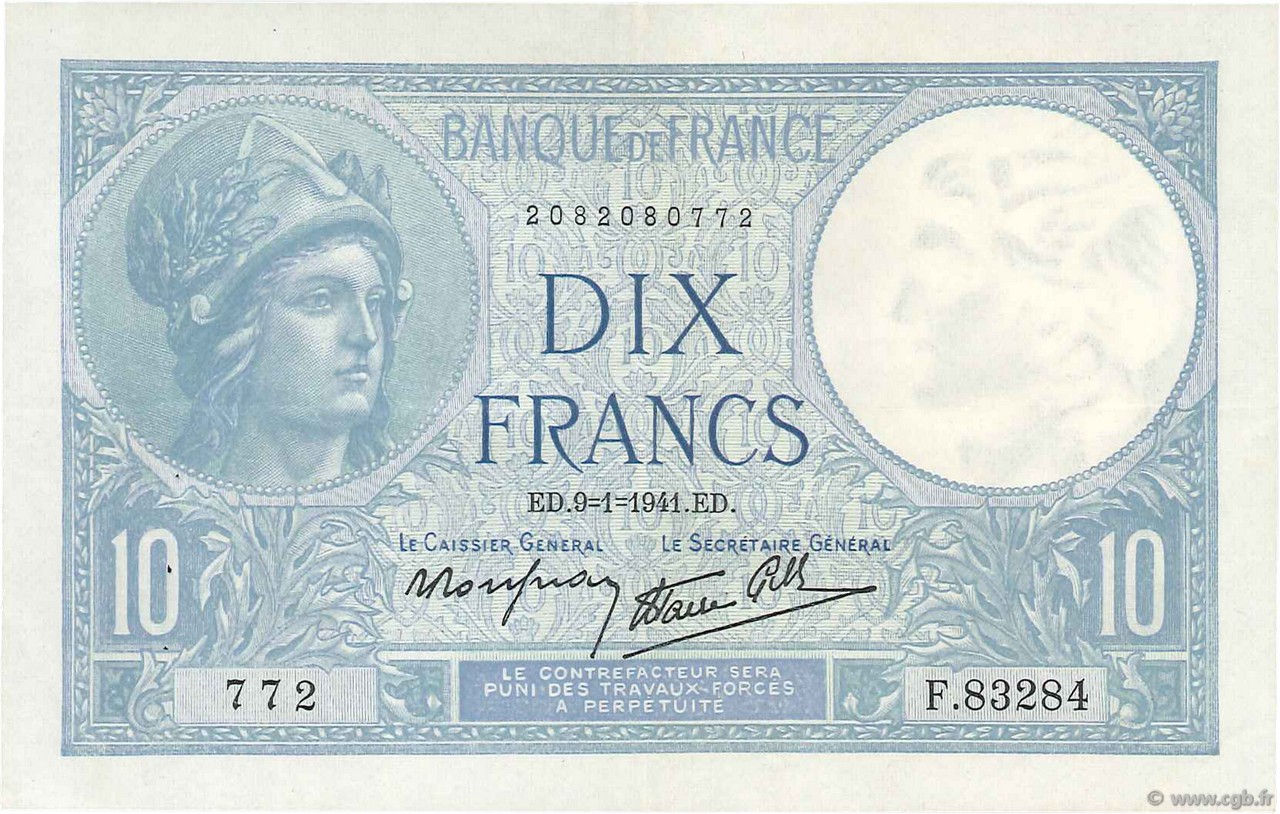10 Francs MINERVE modifié FRANCE  1941 F.07.27 XF