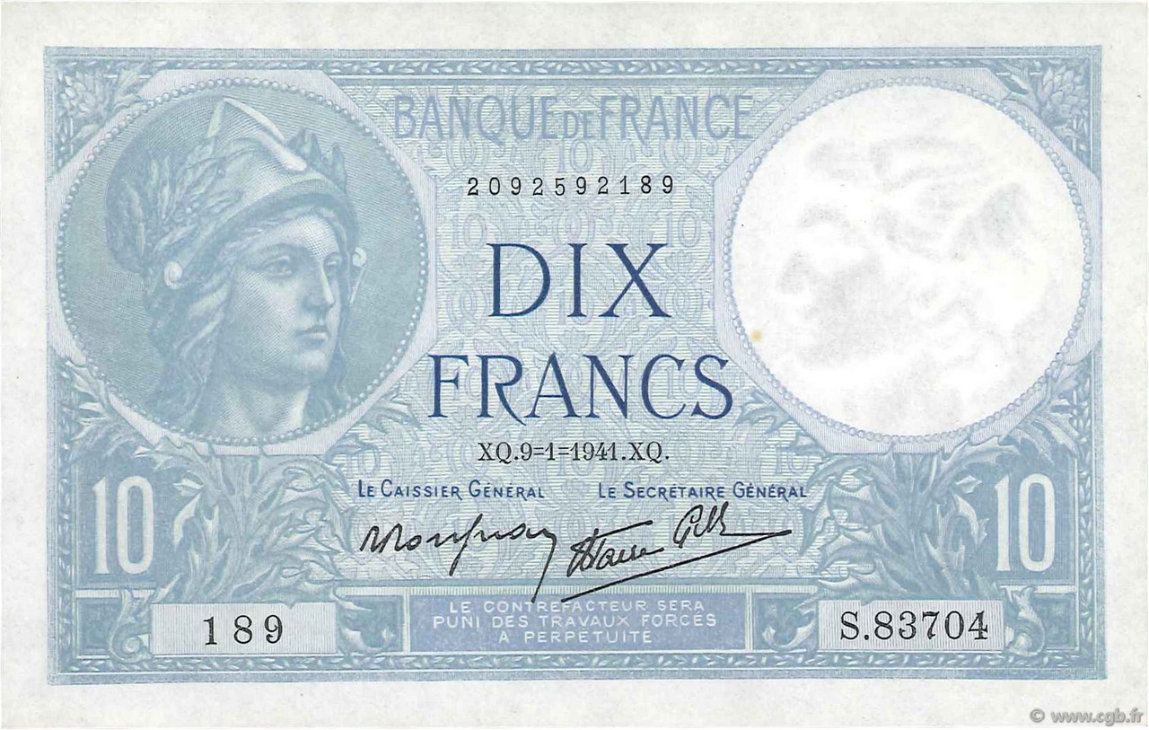 10 Francs MINERVE modifié FRANCE  1941 F.07.27 VF+