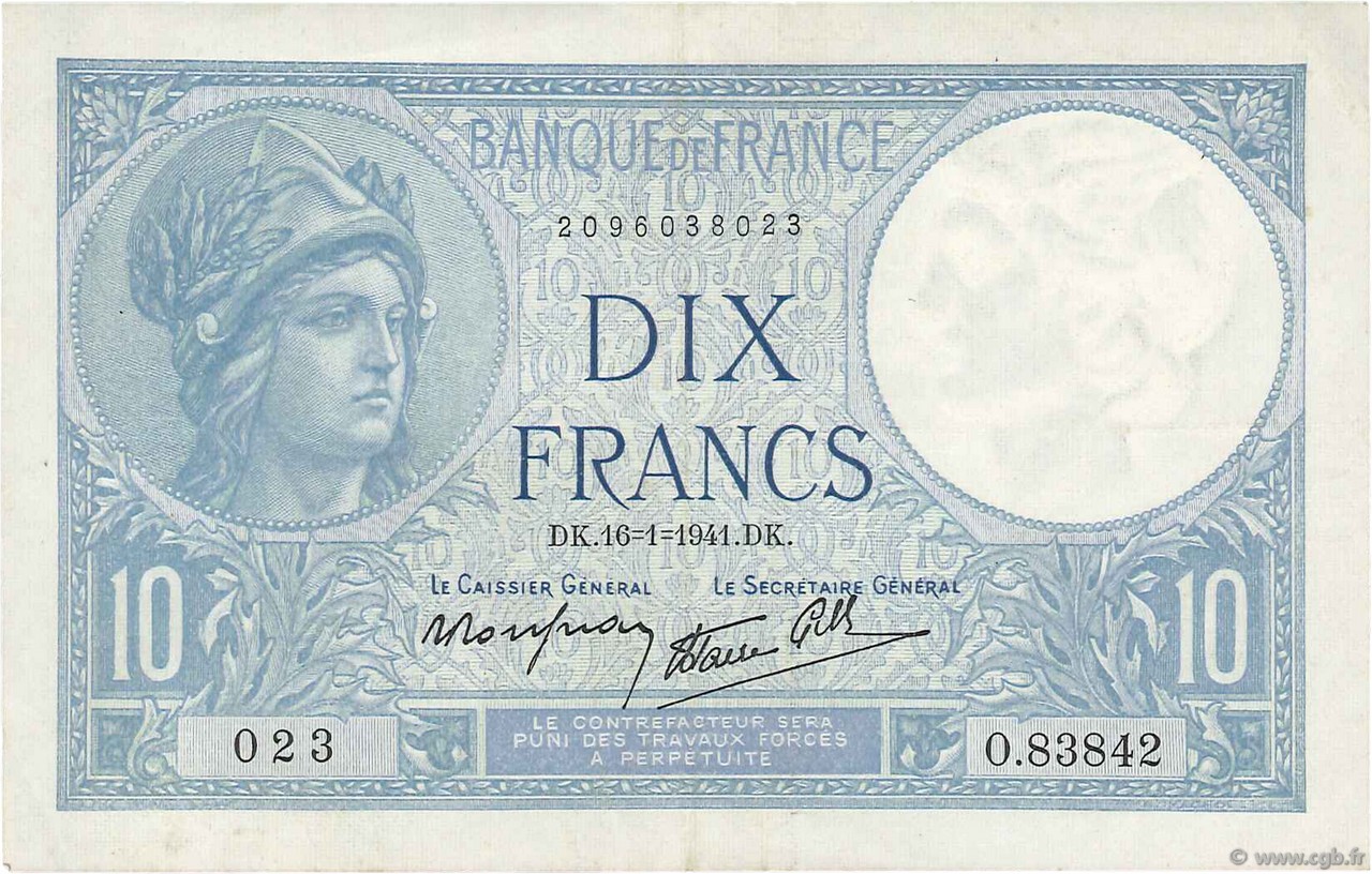 10 Francs MINERVE modifié FRANKREICH  1941 F.07.28 fVZ