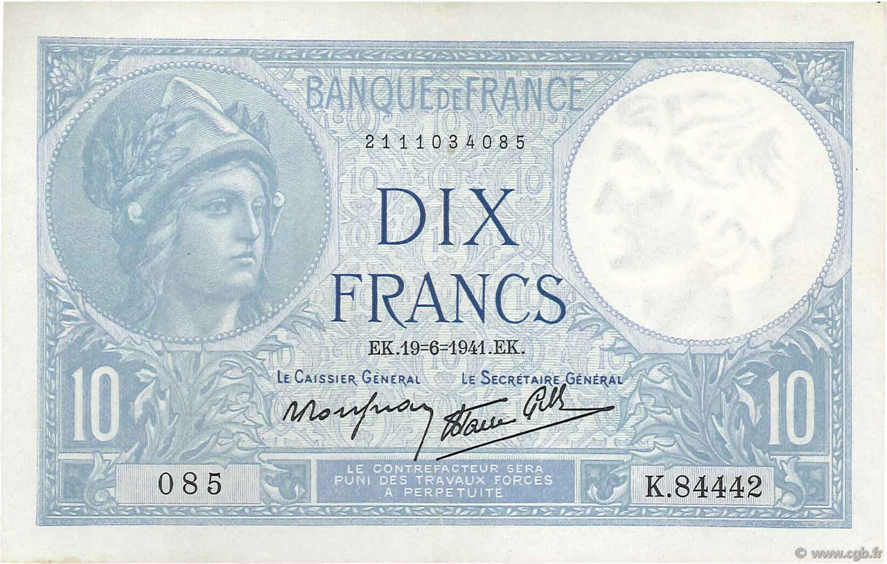 10 Francs MINERVE modifié FRANCE  1941 F.07.29 XF-