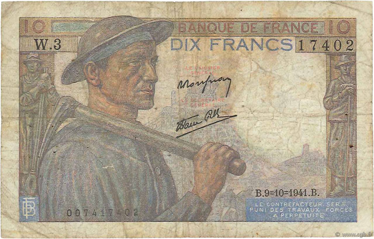 10 Francs MINEUR FRANKREICH  1941 F.08.02 SGE