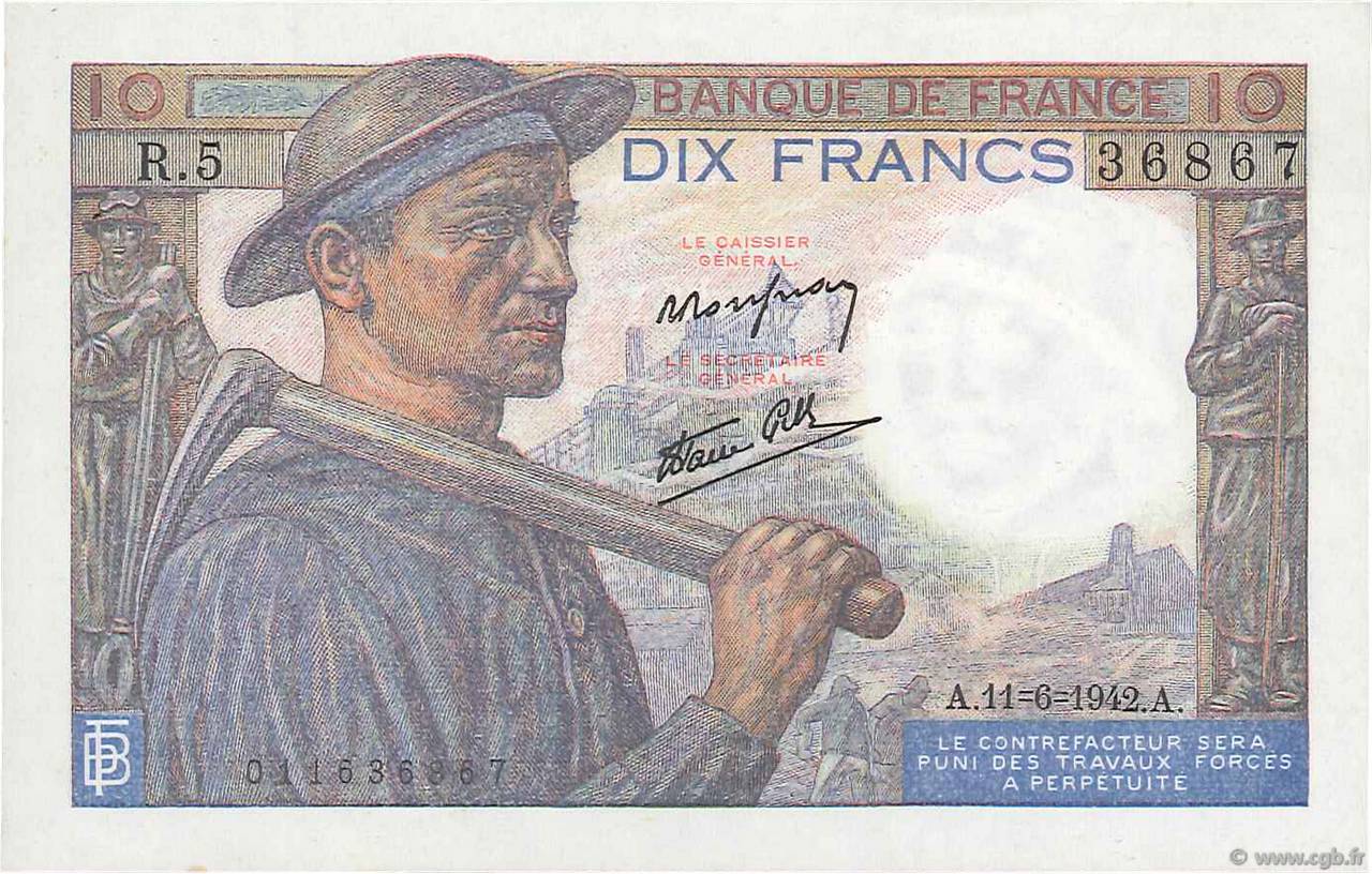 10 Francs MINEUR FRANCE  1942 F.08.03 UNC-