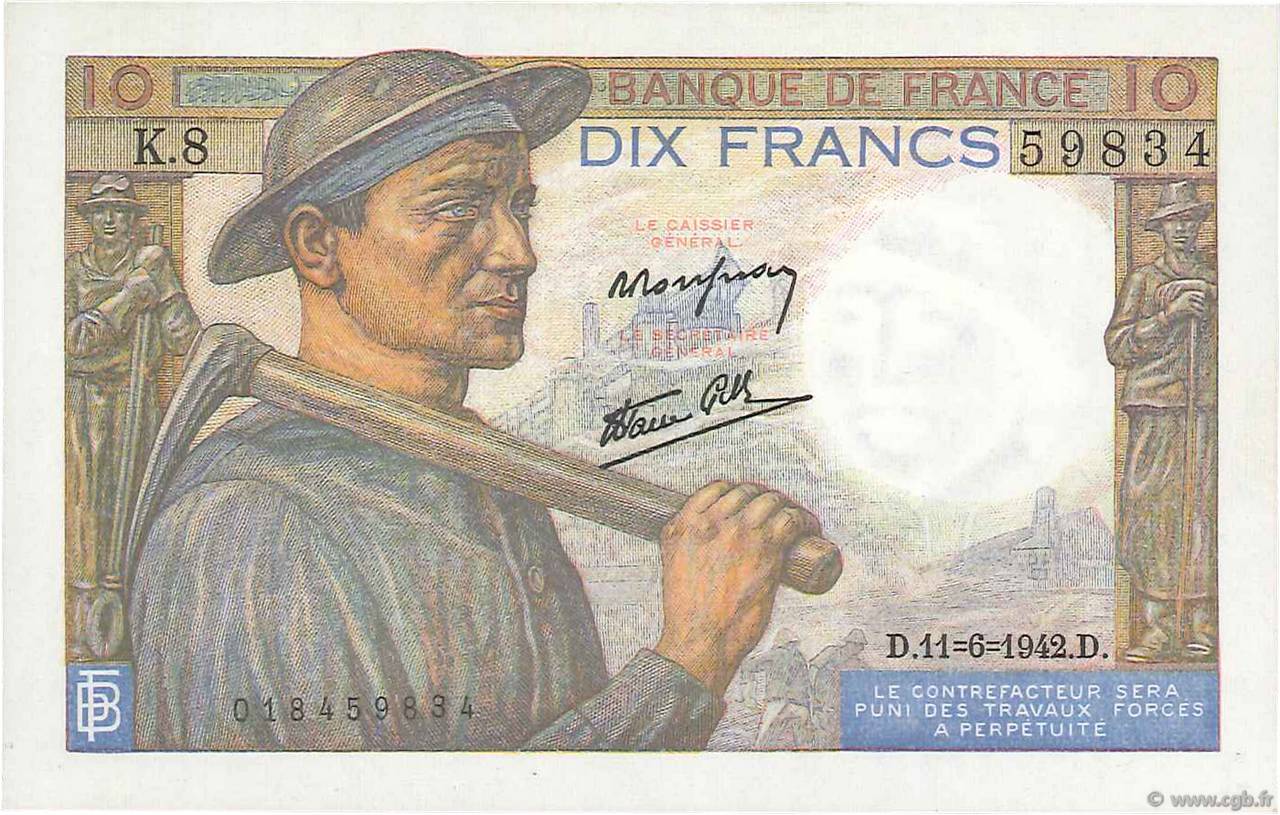 10 Francs MINEUR FRANCIA  1942 F.08.03 FDC