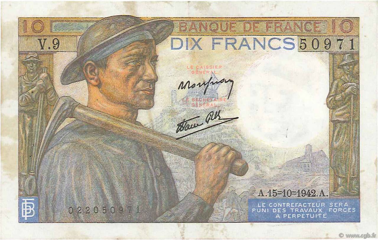 10 Francs MINEUR FRANCE  1942 F.08.04 F+