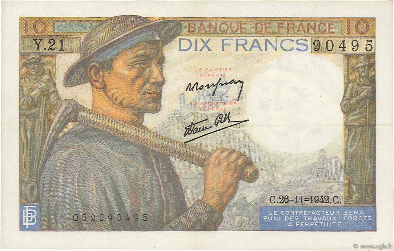 10 Francs MINEUR FRANCIA  1942 F.08.06 SPL