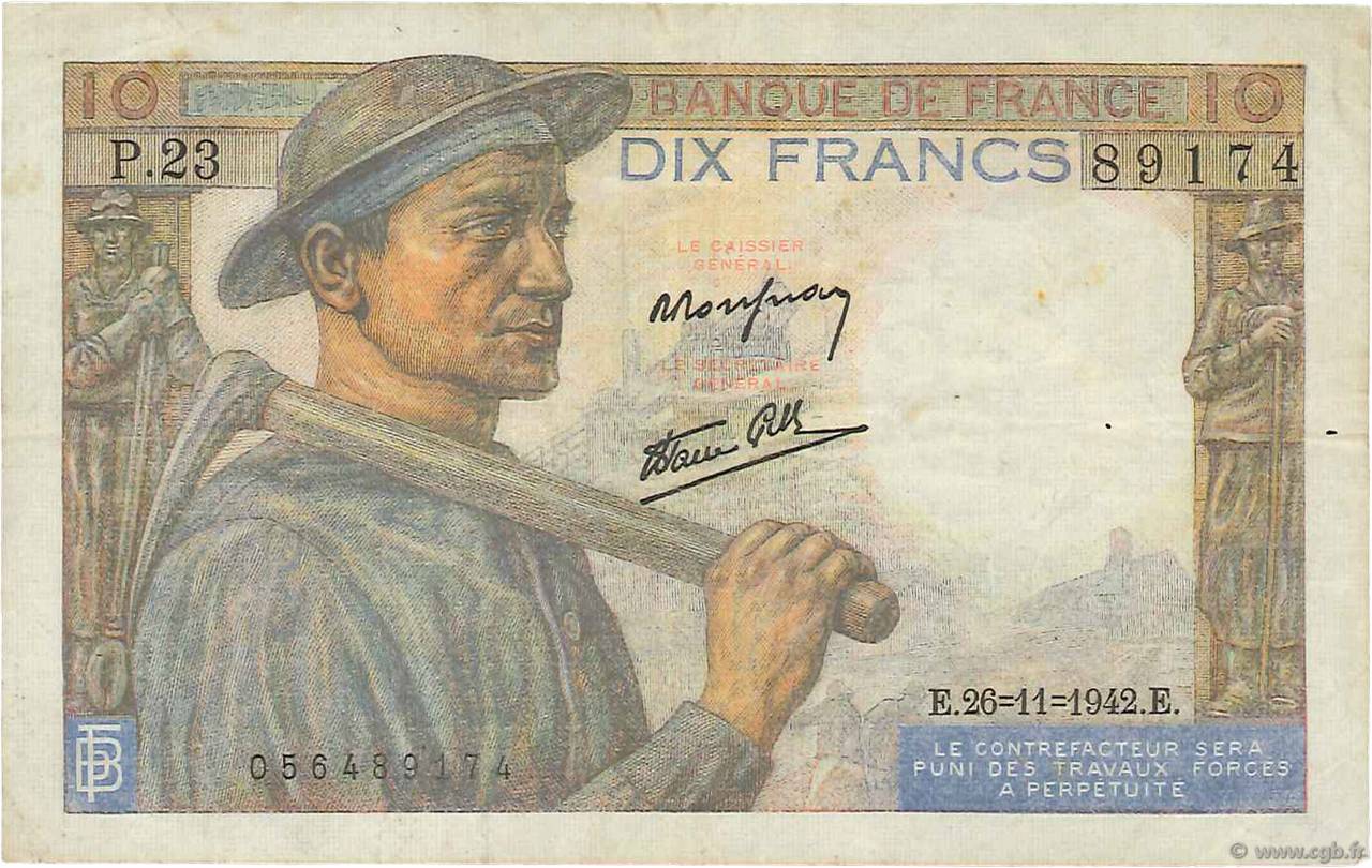 10 Francs MINEUR FRANCIA  1942 F.08.06 BC+