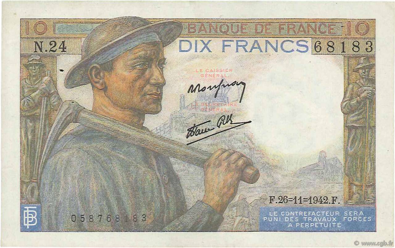 10 Francs MINEUR FRANCE  1942 F.08.06 VF