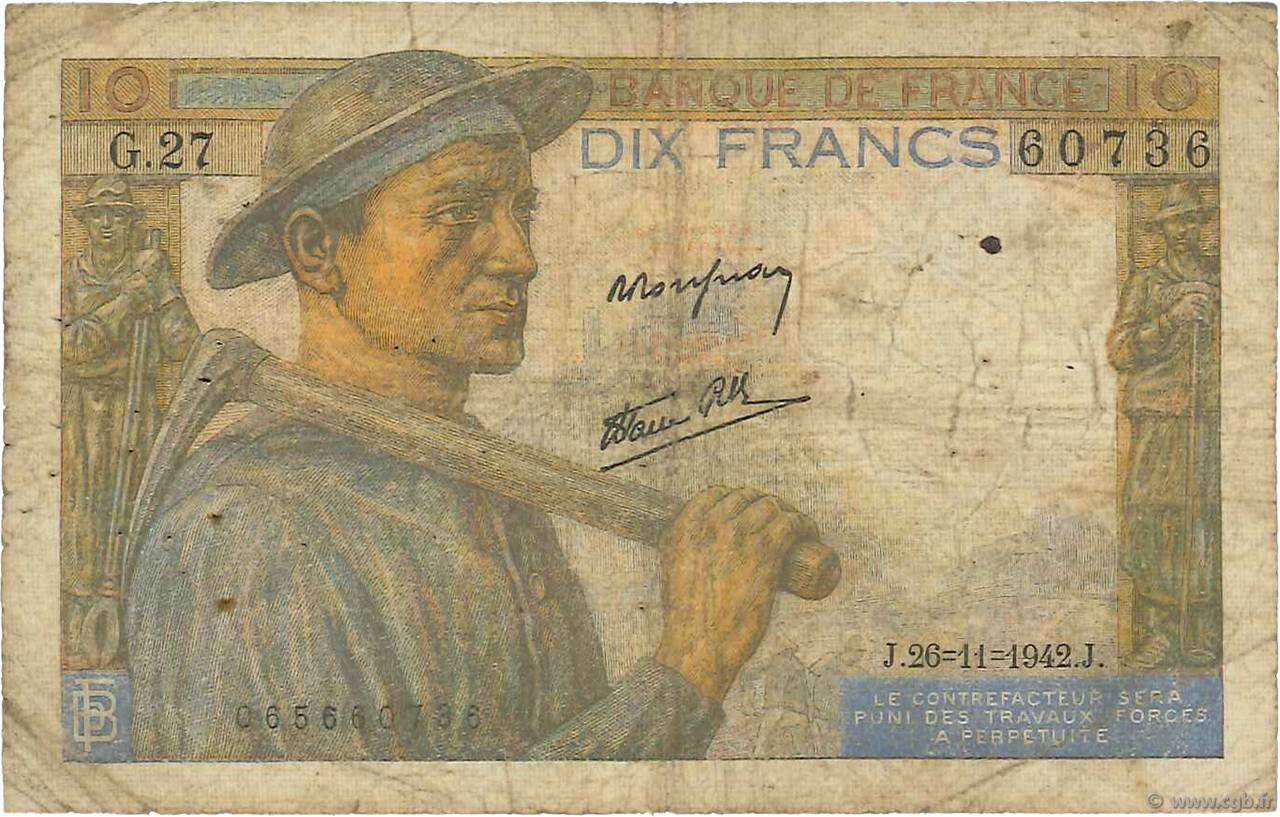 10 Francs MINEUR FRANCIA  1942 F.08.06 B