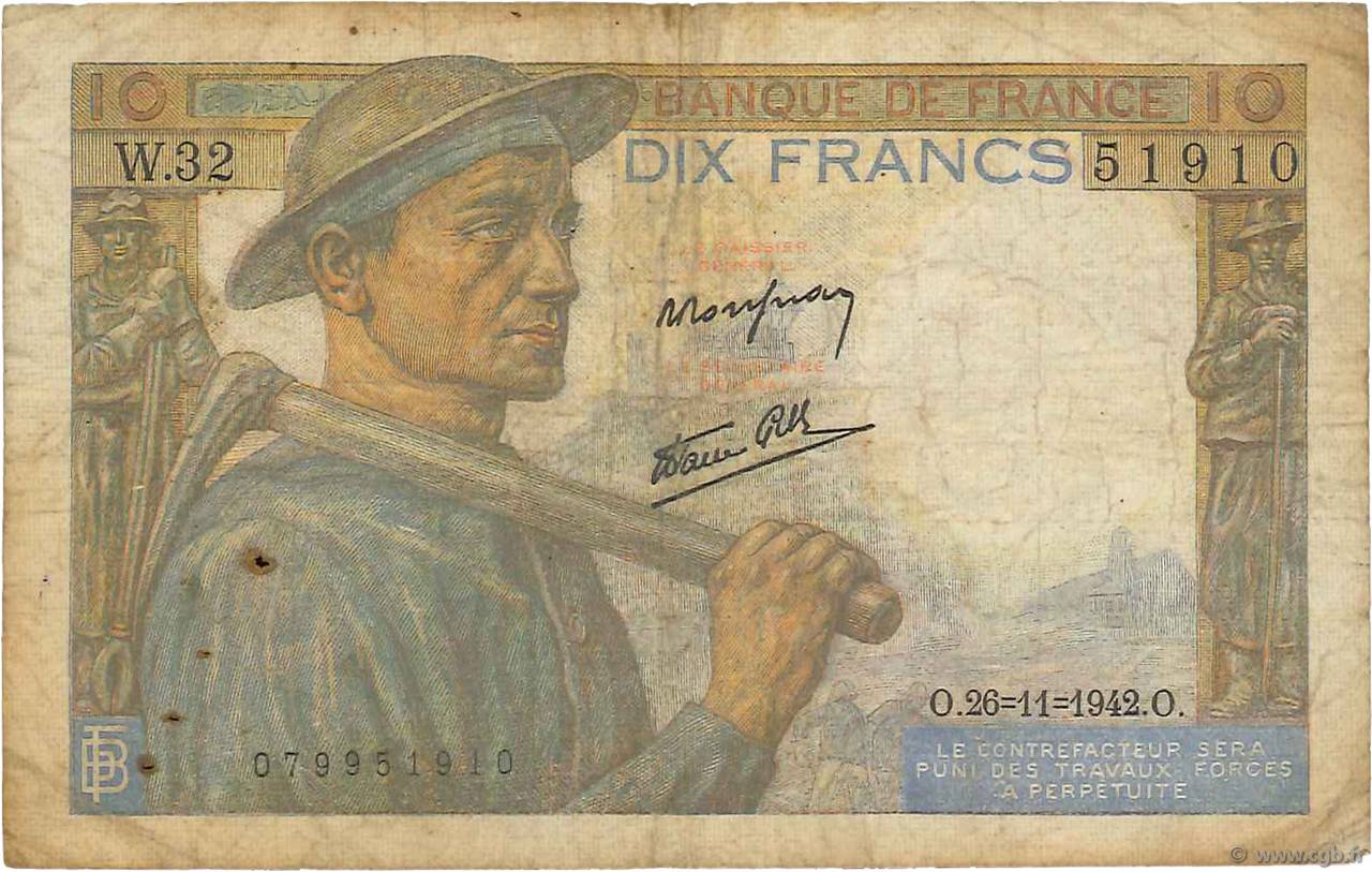 10 Francs MINEUR FRANCE  1942 F.08.06 G