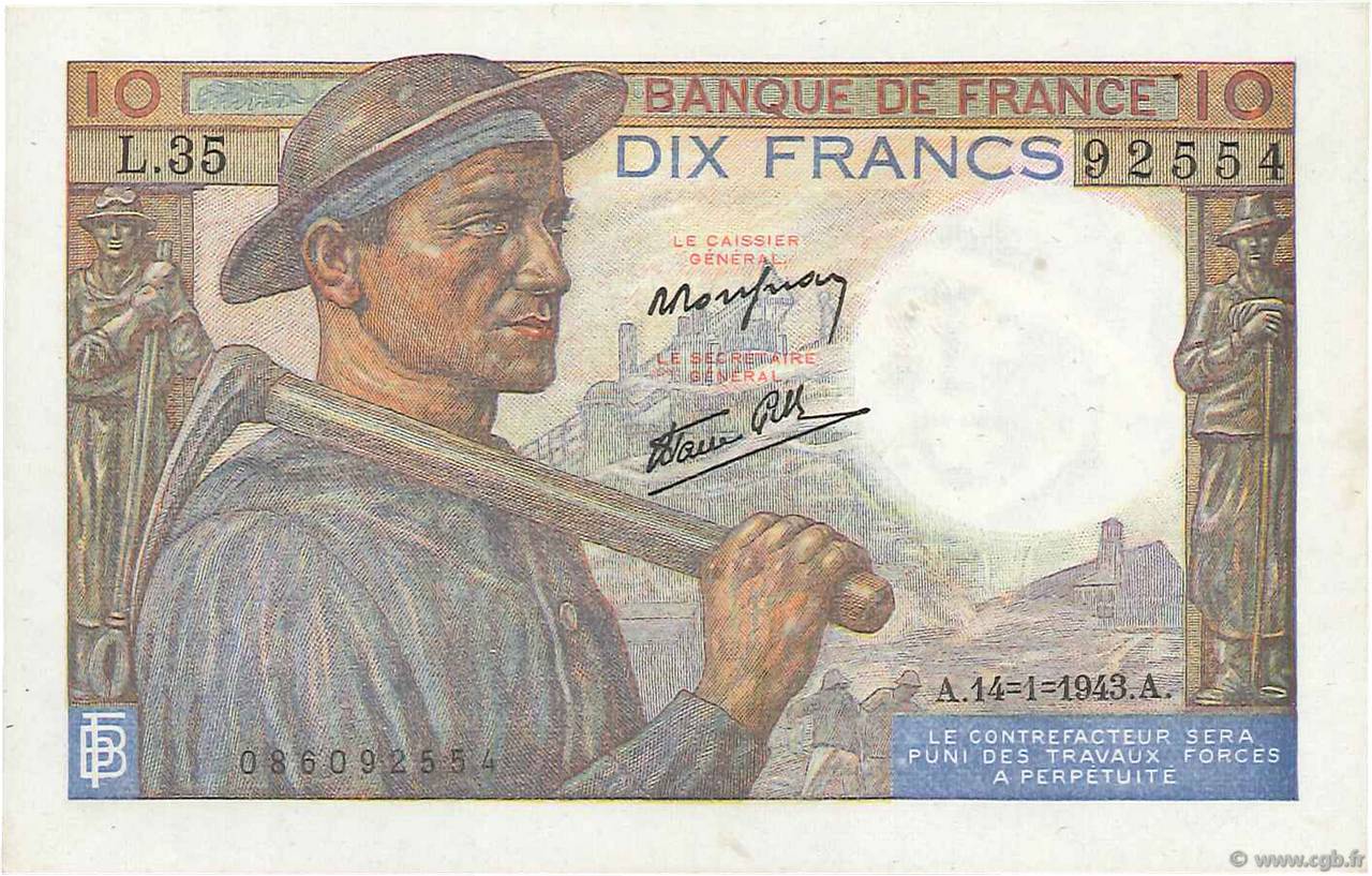 10 Francs MINEUR FRANCE  1943 F.08.07 AU