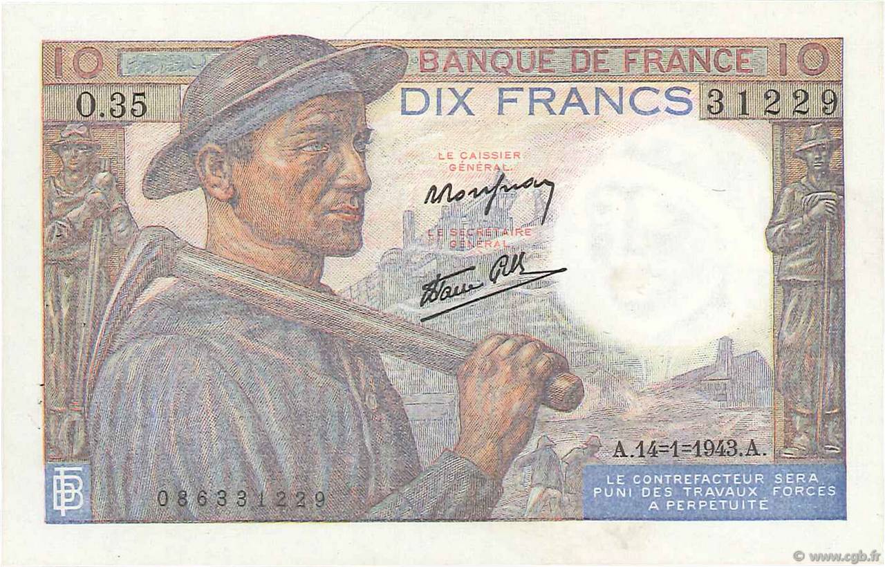 10 Francs MINEUR FRANCE  1943 F.08.07 XF