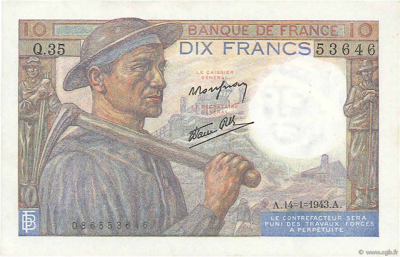 10 Francs MINEUR FRANCIA  1943 F.08.07 MBC+