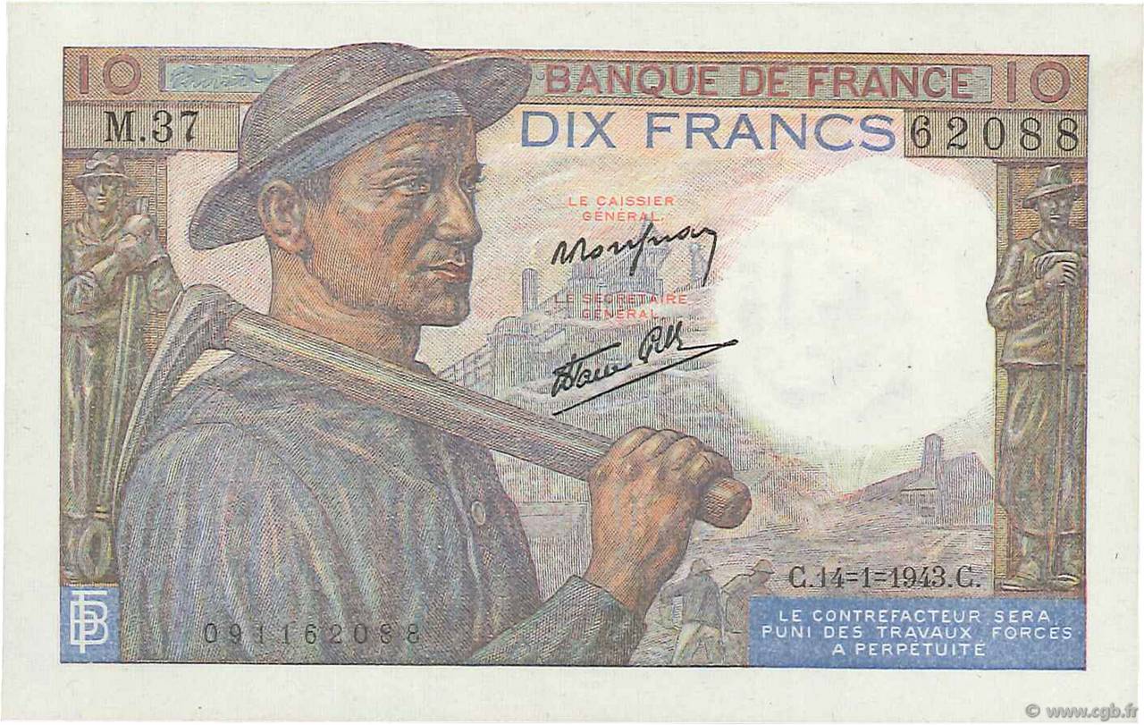 10 Francs MINEUR FRANCE  1943 F.08.07 UNC-
