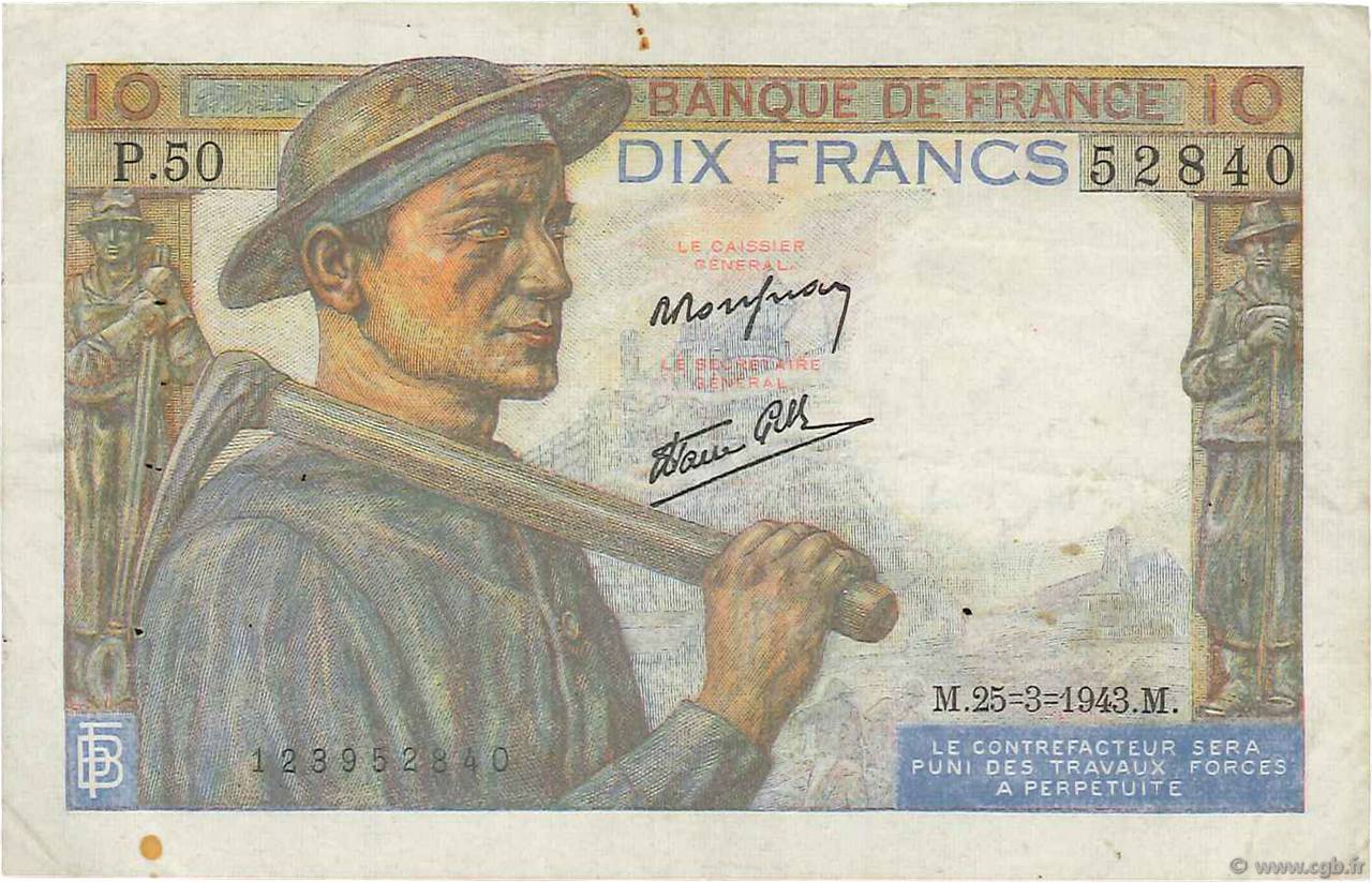 10 Francs MINEUR FRANCE  1943 F.08.08 TTB