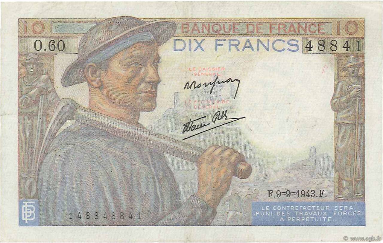 10 Francs MINEUR FRANCIA  1943 F.08.09 MB