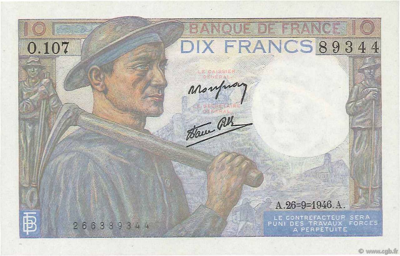 10 Francs MINEUR FRANCE  1946 F.08.15 UNC-