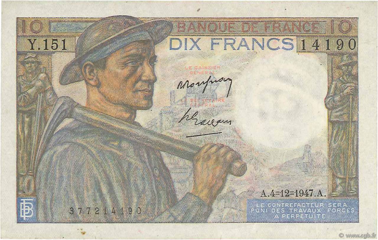 10 Francs MINEUR FRANCE  1947 F.08.19 TTB