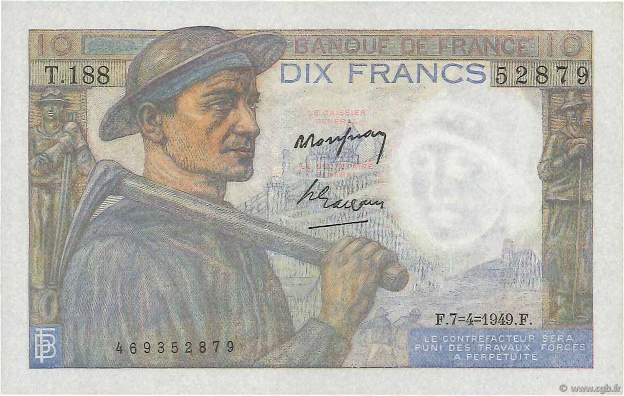 10 Francs MINEUR FRANCE  1949 F.08.21 XF