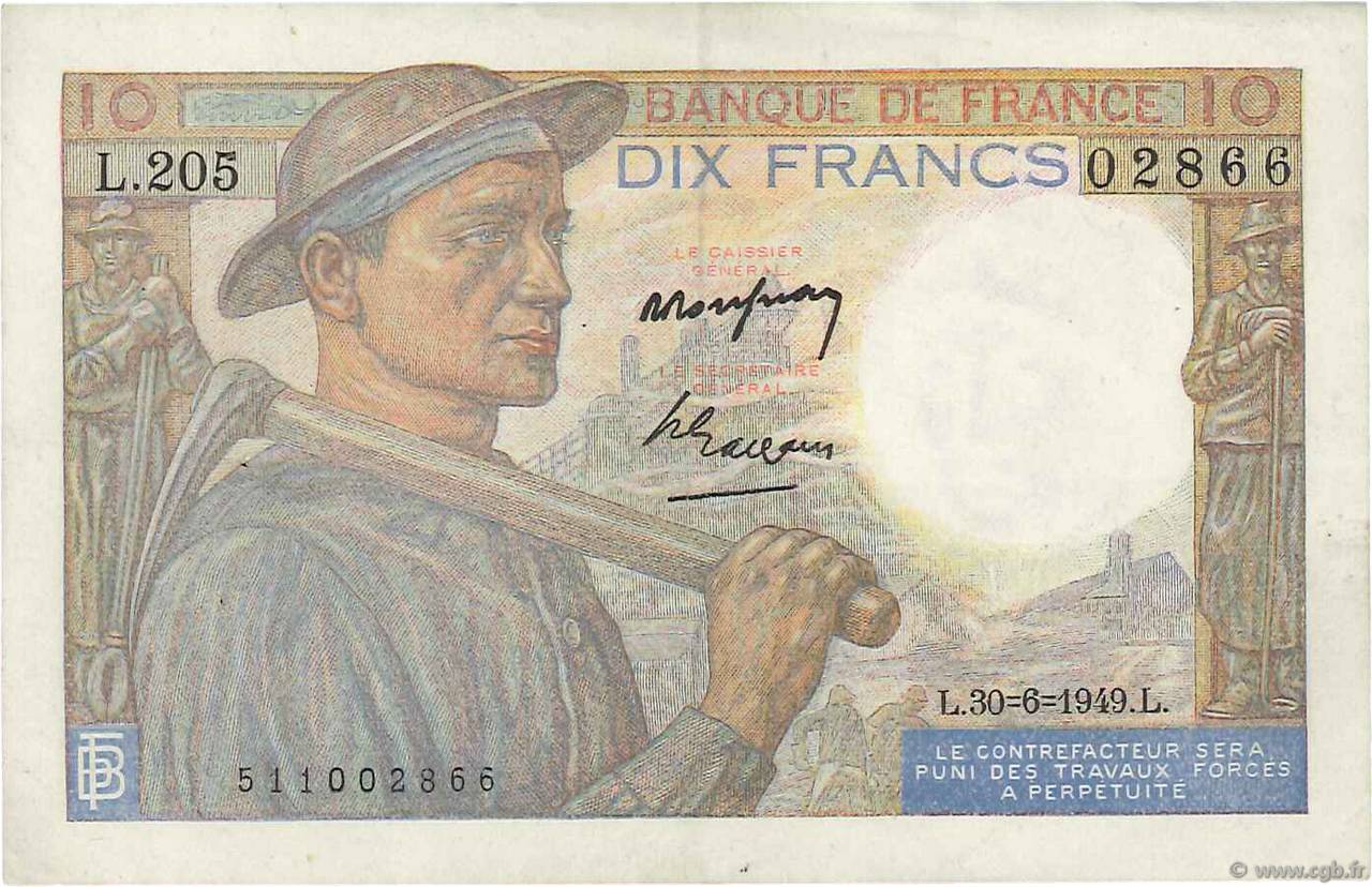 10 Francs MINEUR FRANCIA  1949 F.08.22 q.SPL