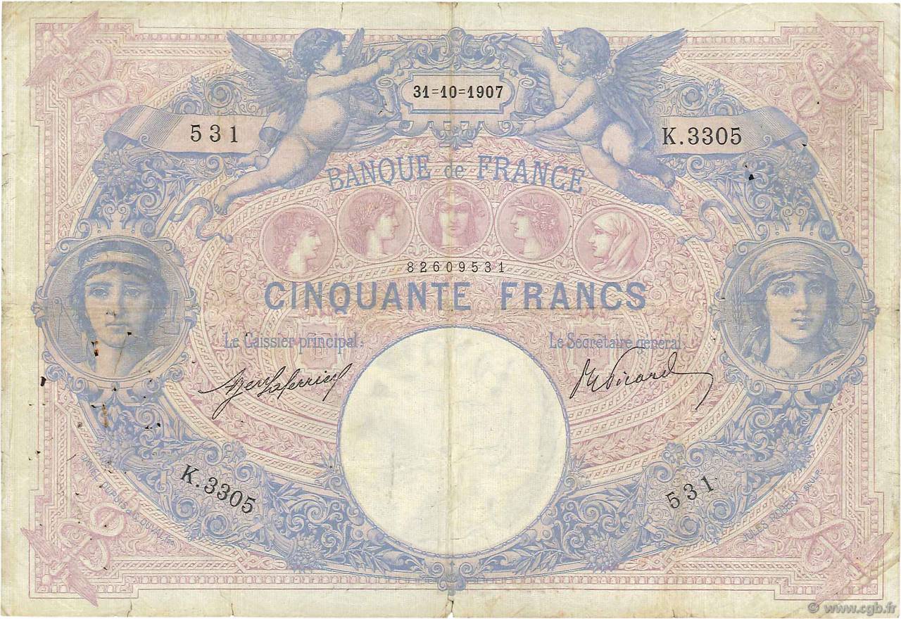 50 Francs BLEU ET ROSE FRANKREICH  1907 F.14.20 fS