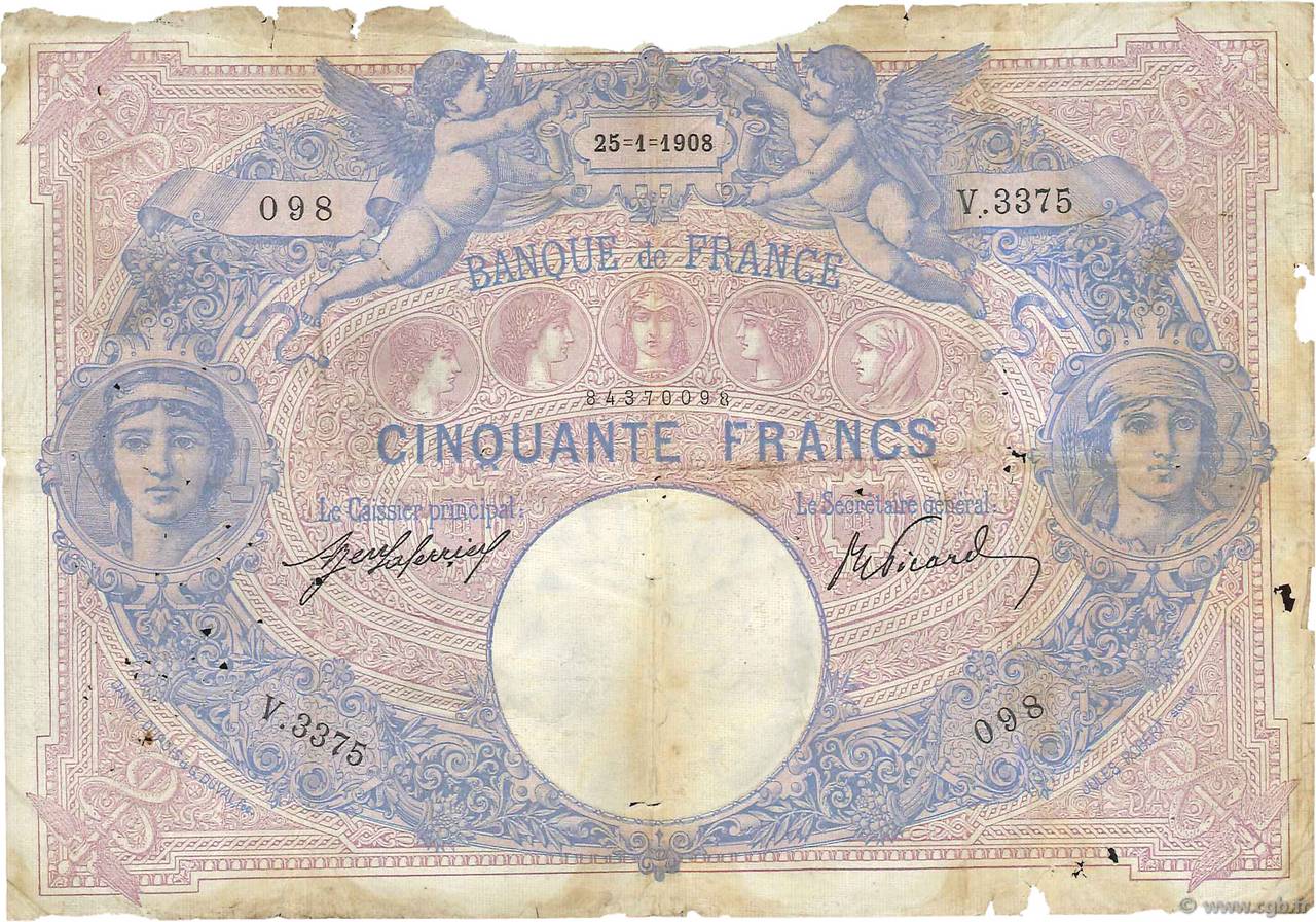 50 Francs BLEU ET ROSE FRANCE  1908 F.14.21 AB