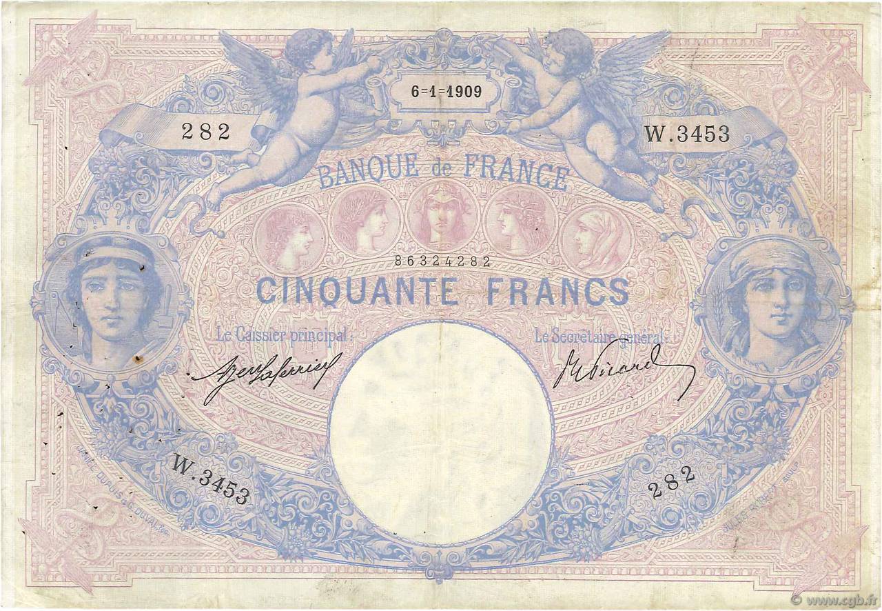 50 Francs BLEU ET ROSE FRANCE  1909 F.14.22 pr.TTB