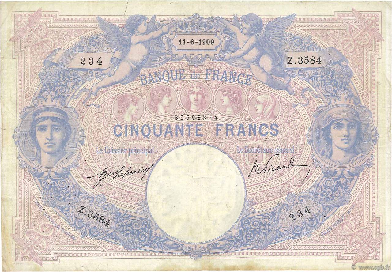 50 Francs BLEU ET ROSE FRANKREICH  1909 F.14.22 S