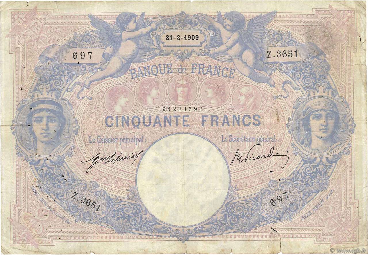 50 Francs BLEU ET ROSE FRANKREICH  1909 F.14.22 fS