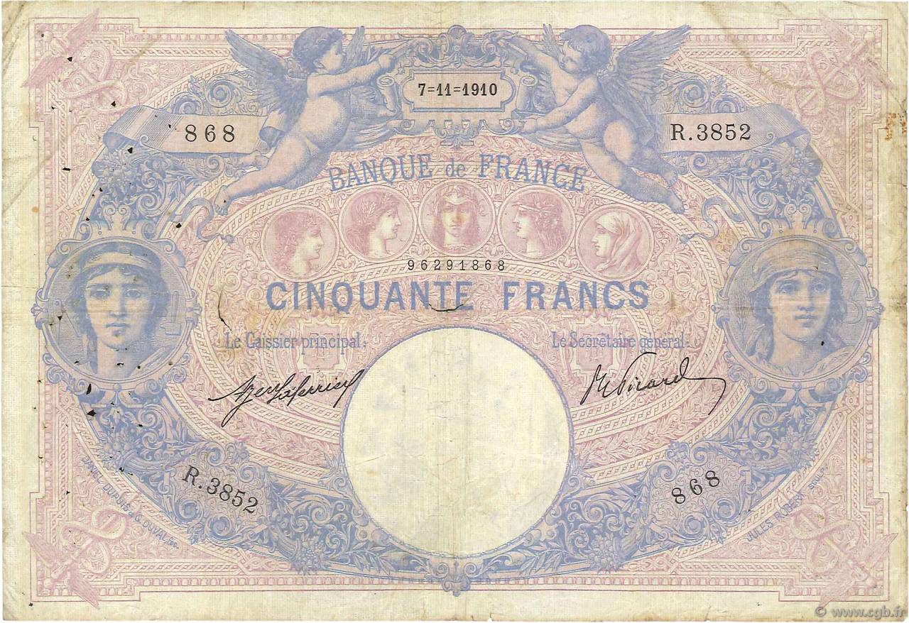 50 Francs BLEU ET ROSE FRANCIA  1910 F.14.23 B