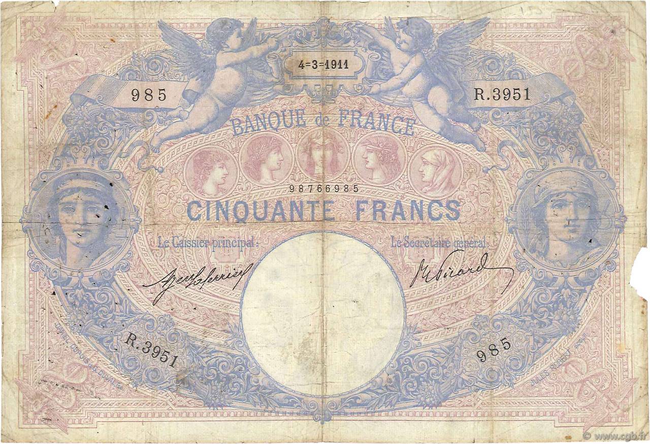 50 Francs BLEU ET ROSE FRANCIA  1911 F.14.24 B