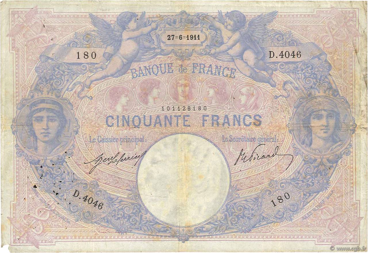 50 Francs BLEU ET ROSE FRANKREICH  1911 F.14.24 SGE