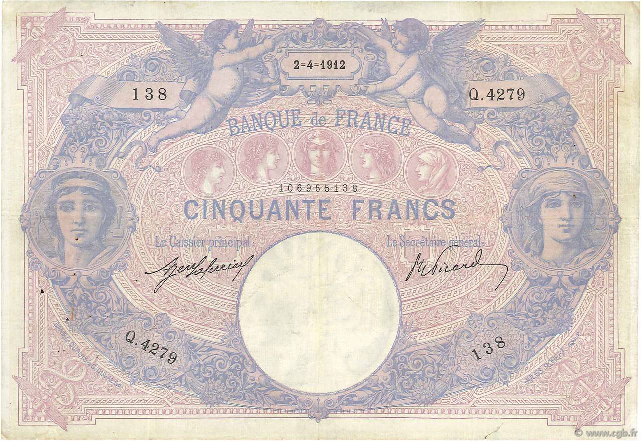 50 Francs BLEU ET ROSE FRANCIA  1912 F.14.25 q.BB