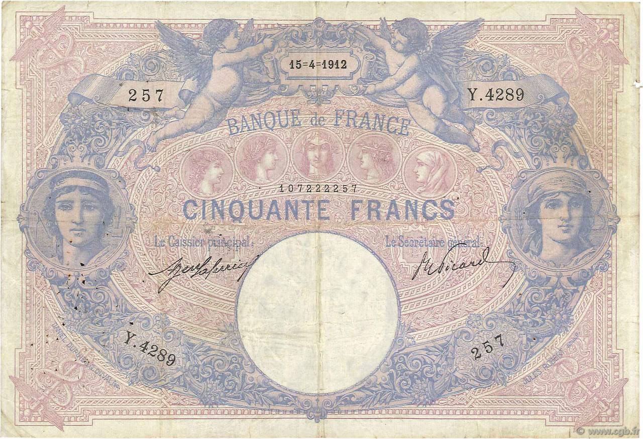 50 Francs BLEU ET ROSE FRANCE  1912 F.14.25 F