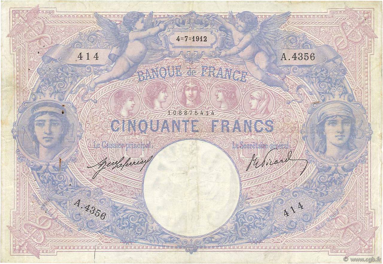 50 Francs BLEU ET ROSE FRANCE  1912 F.14.25 VF-