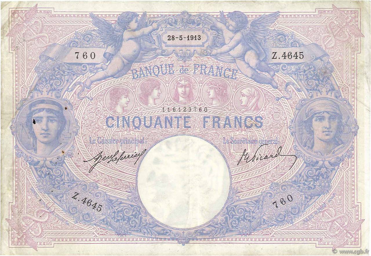 50 Francs BLEU ET ROSE FRANCIA  1913 F.14.26 q.BB