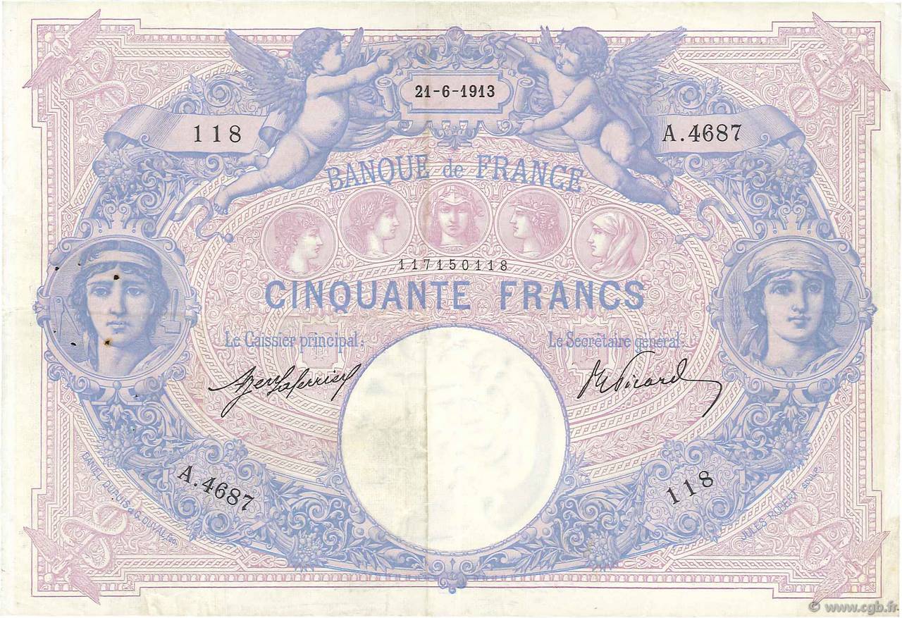 50 Francs BLEU ET ROSE FRANKREICH  1913 F.14.26 SS