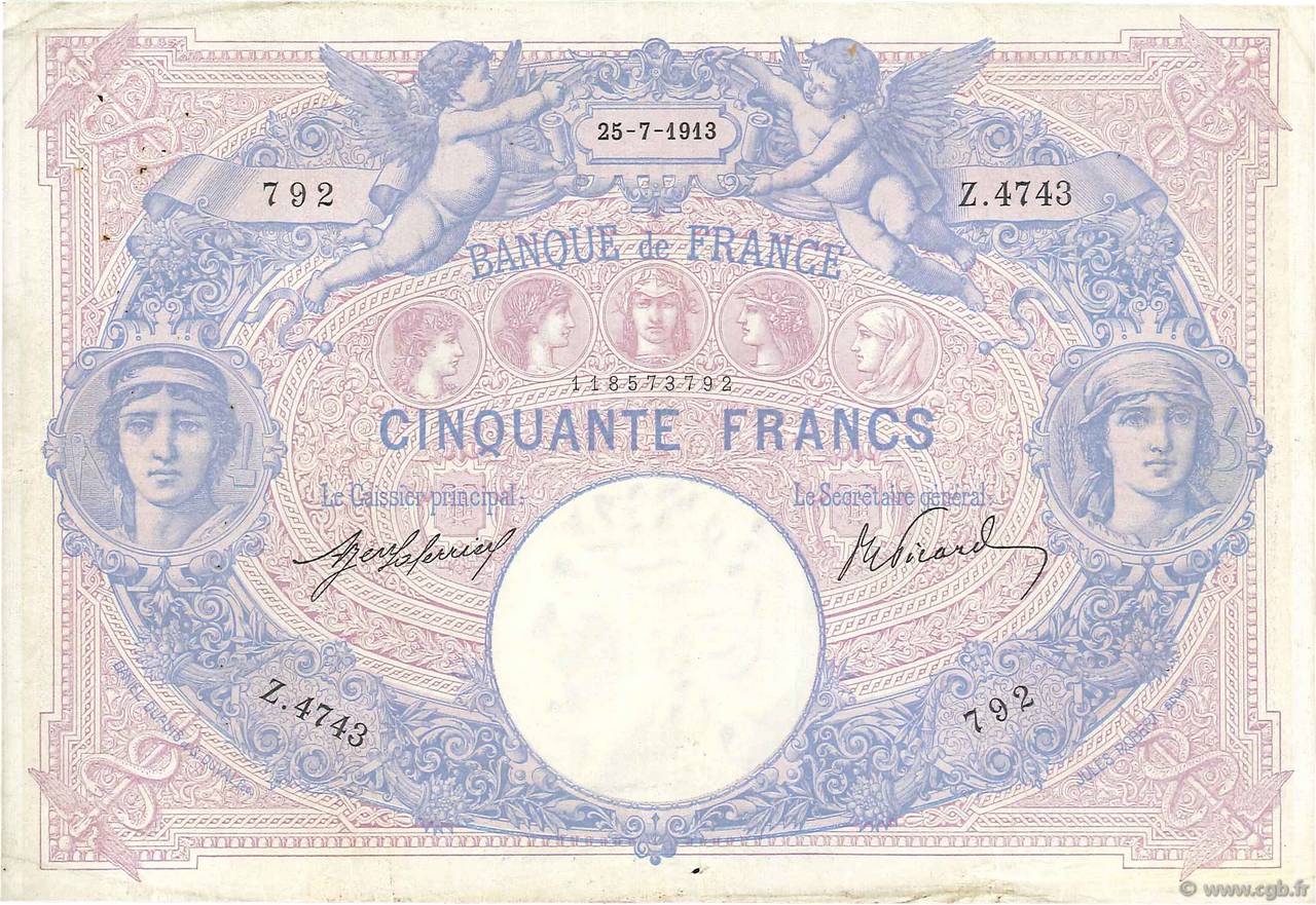 50 Francs BLEU ET ROSE FRANCE  1913 F.14.26 VF-