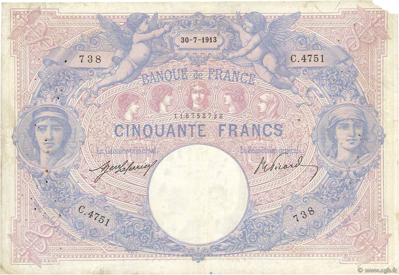 50 Francs BLEU ET ROSE FRANCE  1913 F.14.26 F