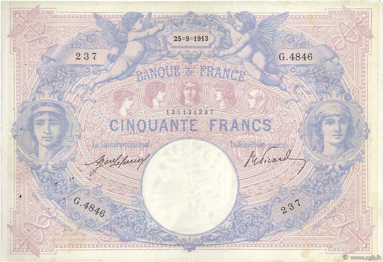 50 Francs BLEU ET ROSE FRANCE  1913 F.14.26 VF-